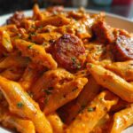 A close-up view of vibrant, creamy One-Pot Creamy Cajun Sausage Pasta featuring penne pasta and sliced, browned sausage.