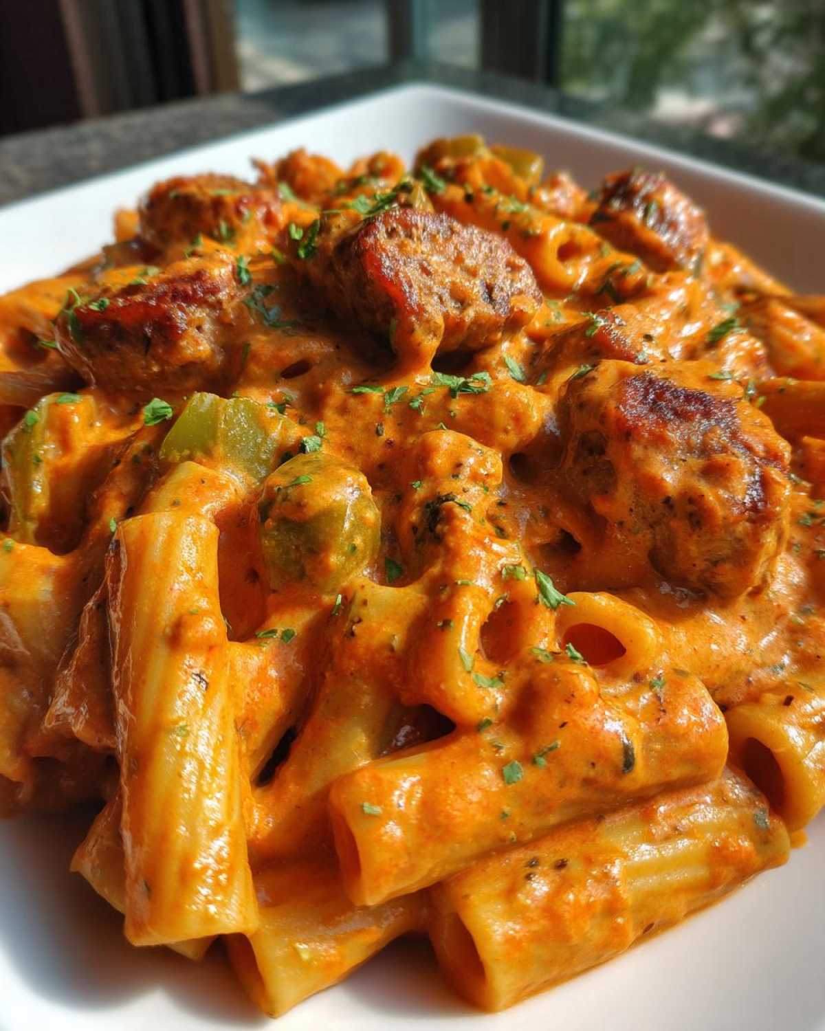 Close-up of rigatoni pasta coated in a rich, orange-hued sauce with chunks of browned sausage and green peppers in One-Pot Creamy Cajun Sausage Pasta.