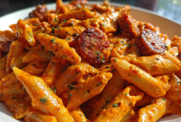 A close-up view of vibrant, creamy One-Pot Creamy Cajun Sausage Pasta featuring penne pasta and sliced, browned sausage.