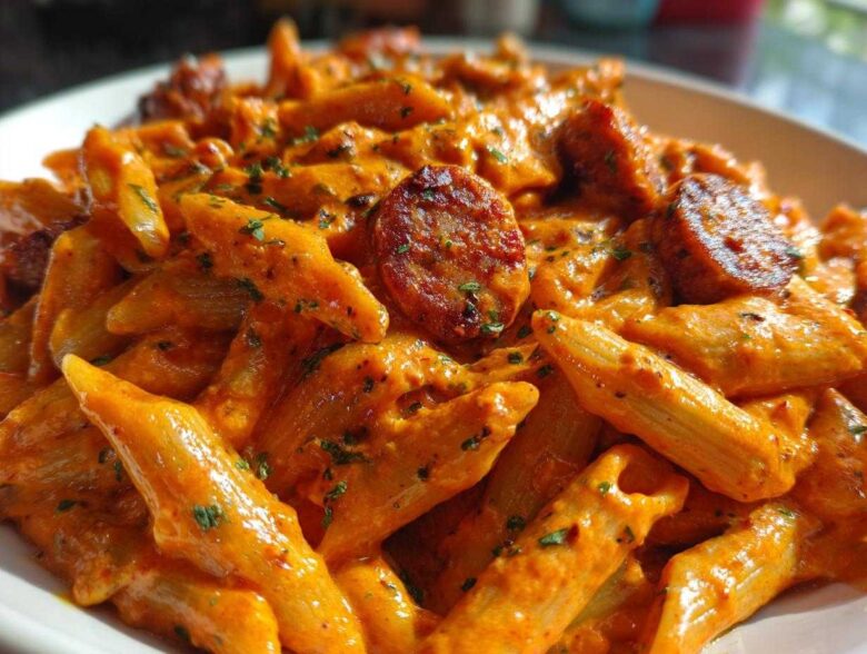 A close-up view of vibrant, creamy One-Pot Creamy Cajun Sausage Pasta featuring penne pasta and sliced, browned sausage.
