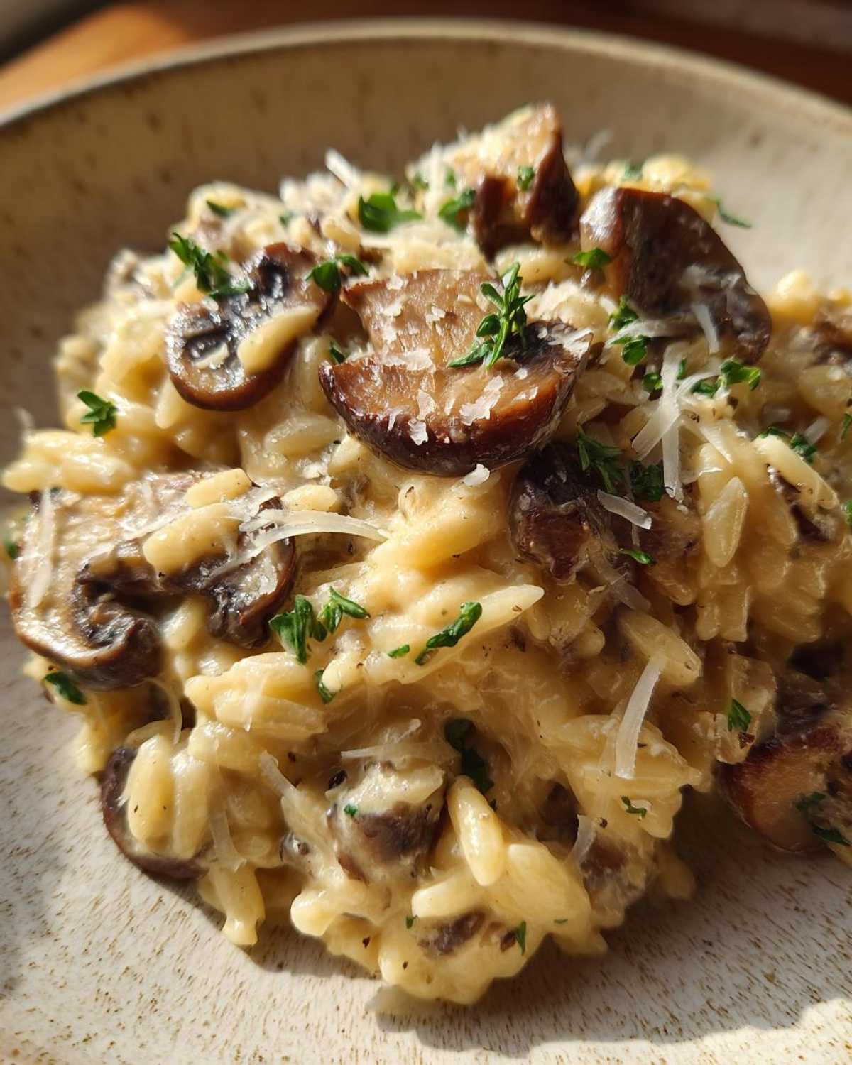 A close-up bowl of rich, creamy One-Pot Creamy Mushroom Orzo topped with sautéed mushrooms and grated Parmesan.