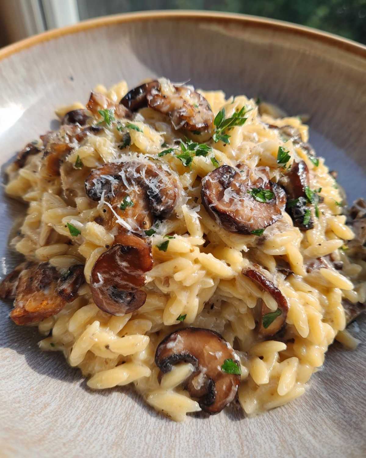A close-up of creamy One-Pot Creamy Mushroom Orzo topped with sautéed mushrooms and grated cheese.