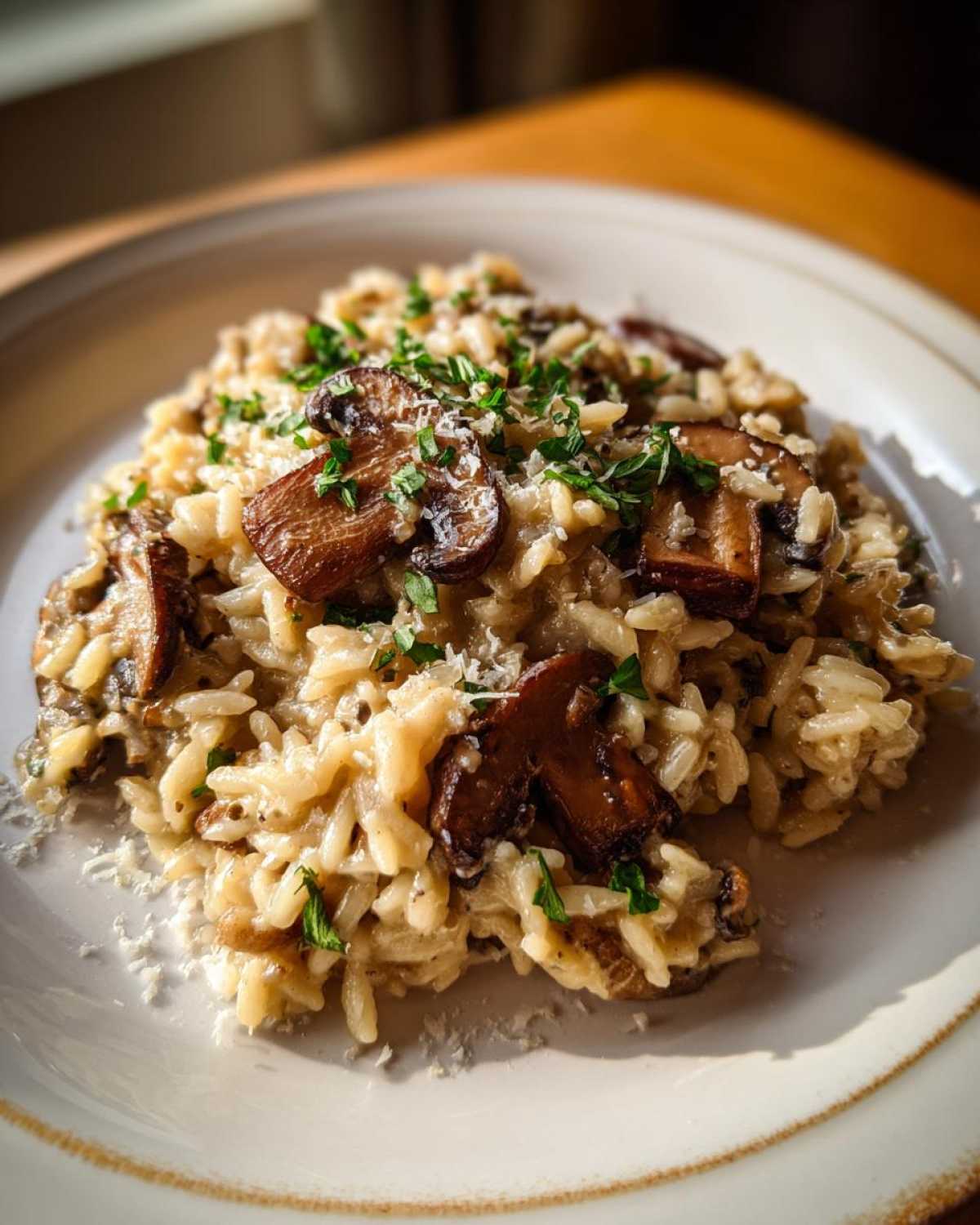 A close-up of a serving of One-Pot Creamy Mushroom Orzo topped with sautéed mushrooms and parsley.