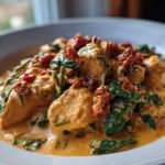 A close-up serving of One-Pot Creamy Sun-Dried Tomato Chicken with spinach and rich orange sauce.