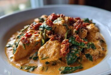 A close-up serving of One-Pot Creamy Sun-Dried Tomato Chicken with spinach and rich orange sauce.