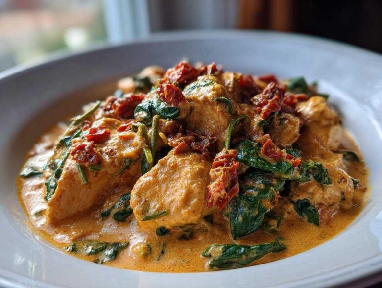 A close-up serving of One-Pot Creamy Sun-Dried Tomato Chicken with spinach and rich orange sauce.
