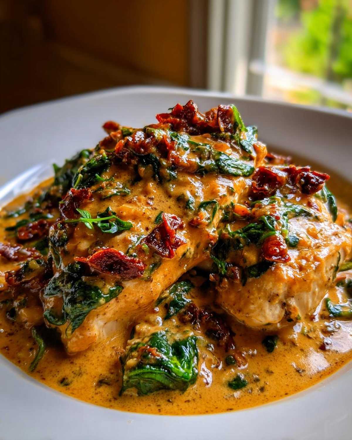 Two pieces of chicken breast smothered in a rich, creamy sauce with spinach and sun-dried tomatoes, part of the One-Pot Creamy Sun-Dried Tomato Chicken.