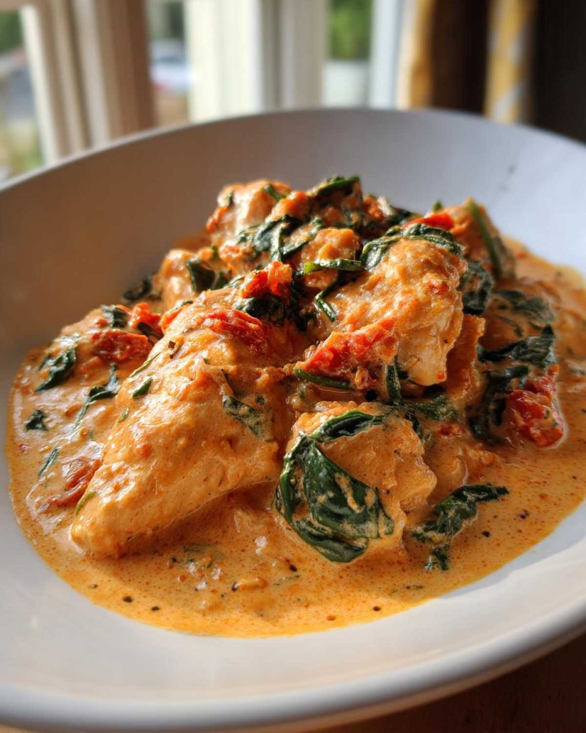Close-up of tender chicken pieces coated in a rich, orange-hued sauce with spinach and sun-dried tomatoes in the One-Pot Creamy Sun-Dried Tomato Chicken.