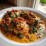 Three pieces of chicken breast smothered in a rich, creamy sauce with spinach and sun-dried tomatoes: One-Pot Creamy Sun-Dried Tomato Chicken.