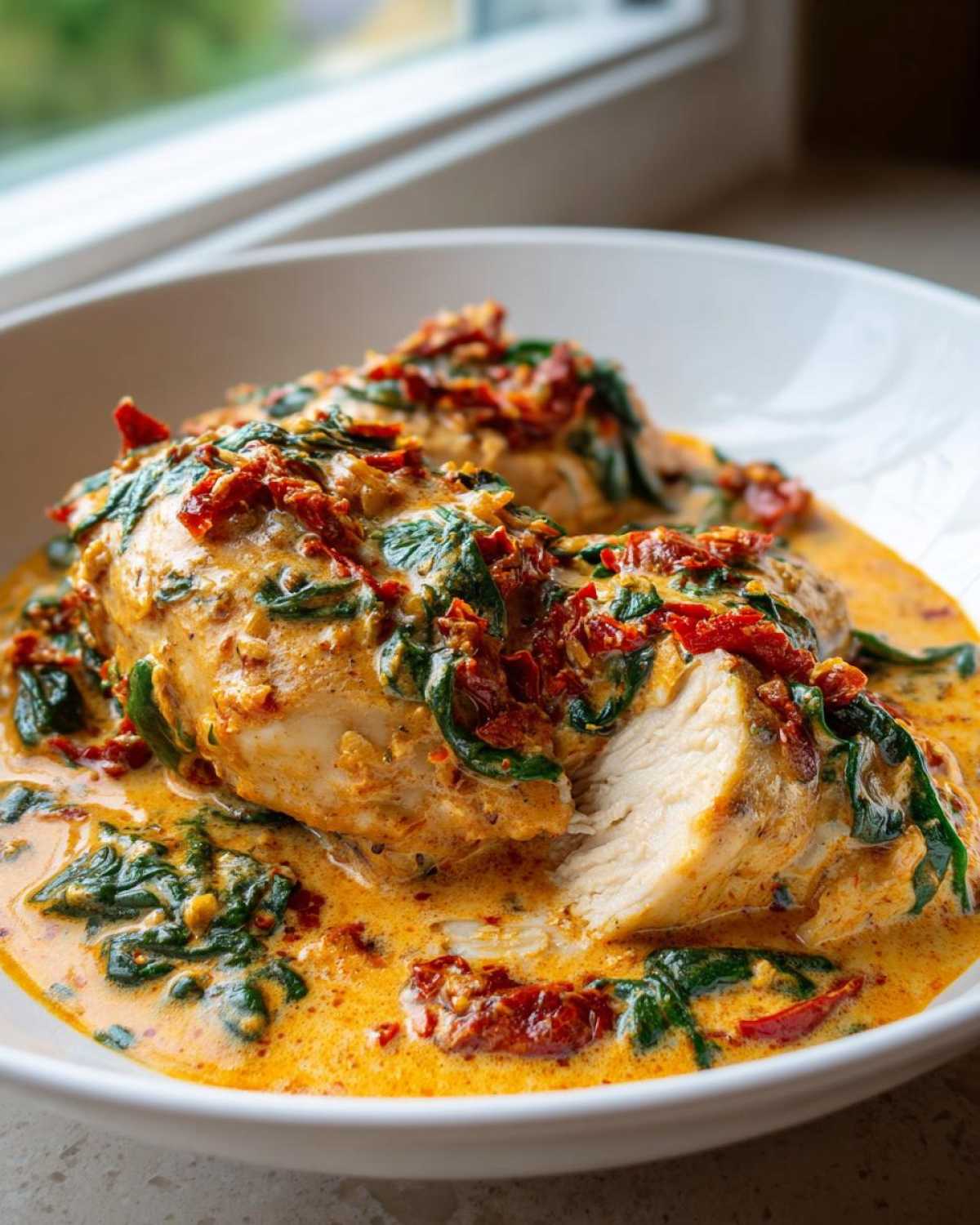Close-up of One-Pot Creamy Sun-Dried Tomato Chicken breasts covered in sauce, spinach, and sun-dried tomatoes.