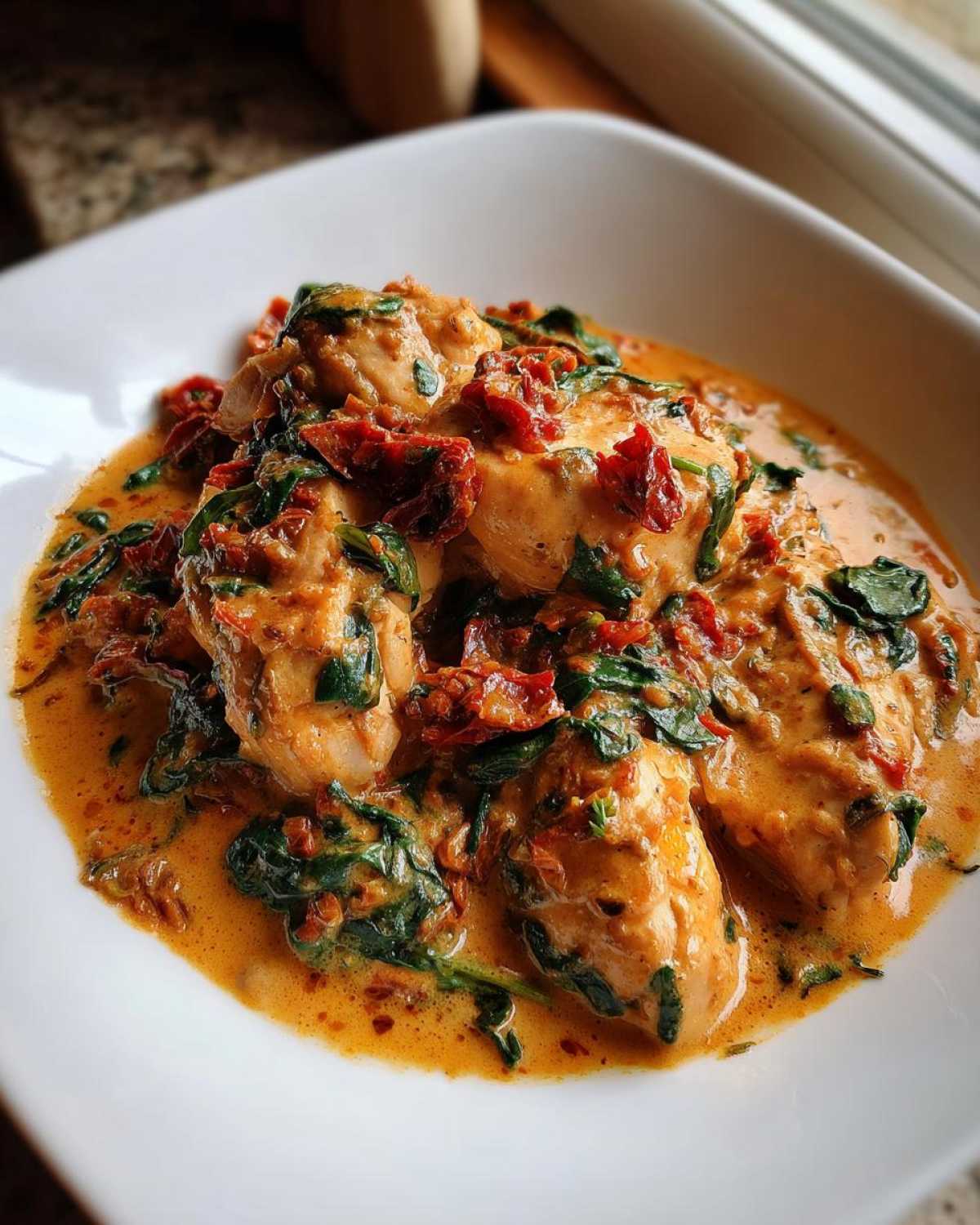 Close-up of tender chicken breasts smothered in a rich, creamy sauce with spinach and sun-dried tomatoes: One-Pot Creamy Sun-Dried Tomato Chicken.