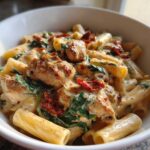 A close-up of One-Pot Creamy Tuscan Chicken Pasta featuring chicken pieces, spinach, sun-dried tomatoes, and penne pasta in a rich cream sauce.