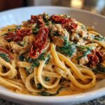 Close-up of One-Pot Creamy Tuscan Chicken Pasta with sun-dried tomatoes and spinach.