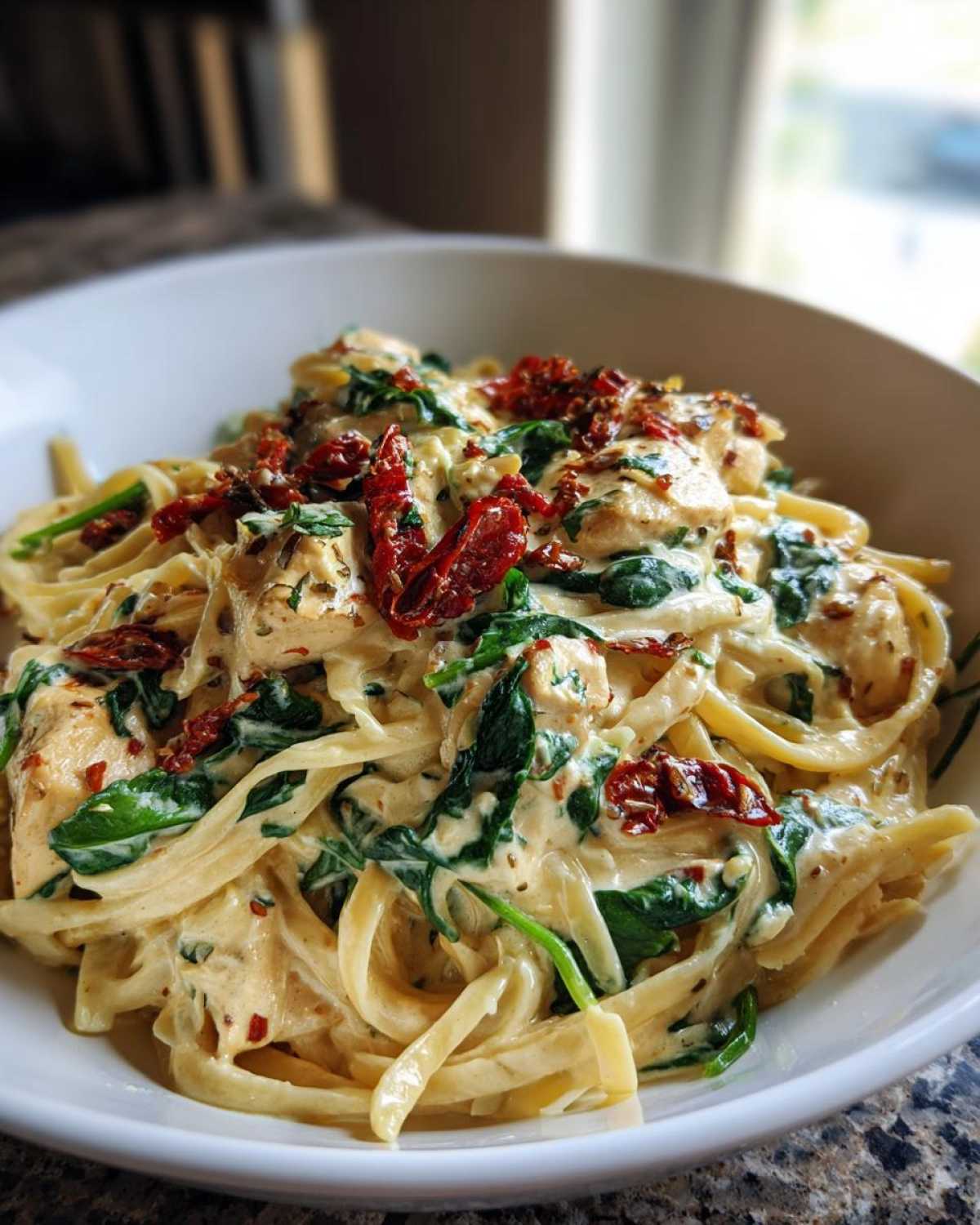 A close-up of One-Pot Creamy Tuscan Chicken Pasta featuring fettuccine, chicken, spinach, and sun-dried tomatoes in a rich sauce.