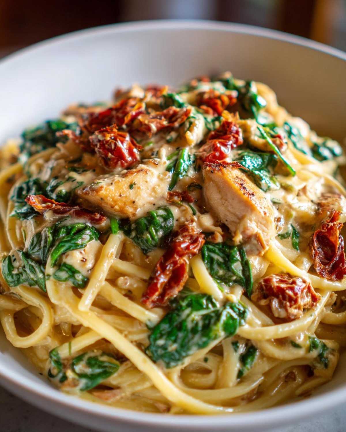 A close-up of One-Pot Creamy Tuscan Chicken Pasta featuring linguine, chunks of chicken, spinach, and sun-dried tomatoes in a rich sauce.