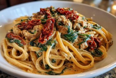 Close-up of One-Pot Creamy Tuscan Chicken Pasta with sun-dried tomatoes and spinach.