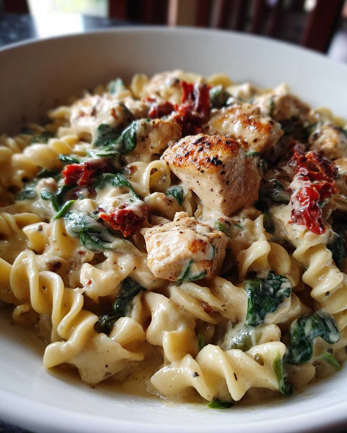 Close-up of a bowl filled with One-Pot Creamy Tuscan Chicken Pasta featuring rotini, chicken pieces, spinach, and sun-dried tomatoes.