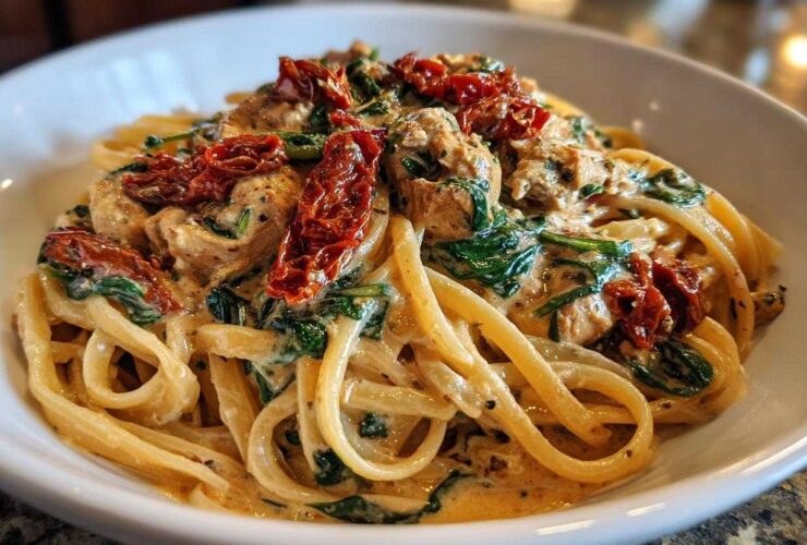 Close-up of One-Pot Creamy Tuscan Chicken Pasta with sun-dried tomatoes and spinach.