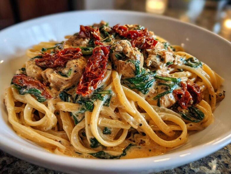 Close-up of One-Pot Creamy Tuscan Chicken Pasta with sun-dried tomatoes and spinach.