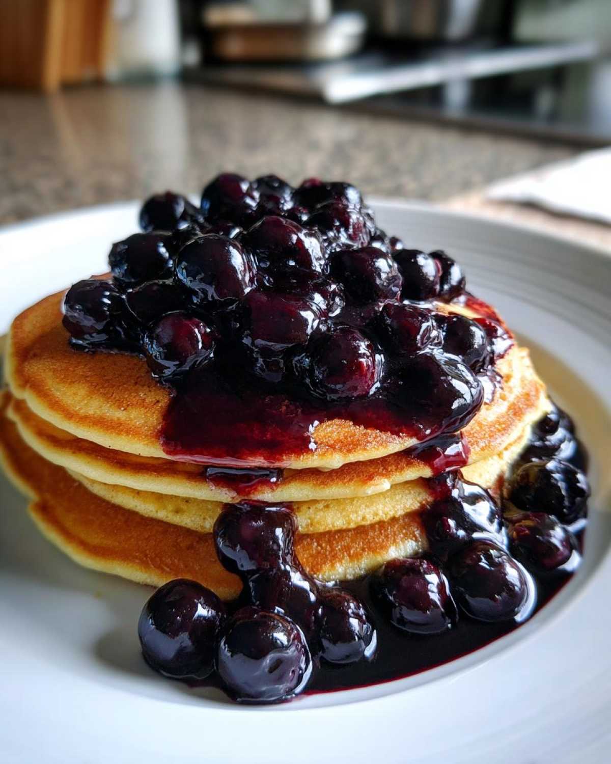A stack of fluffy pancakes generously topped with whole blueberries and rich Homemade Blueberry Syrup.