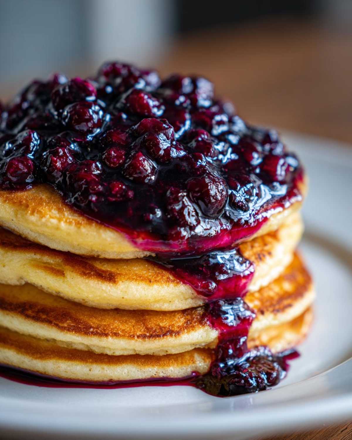 A stack of fluffy pancakes generously topped with thick, rich Homemade Blueberry Syrup.