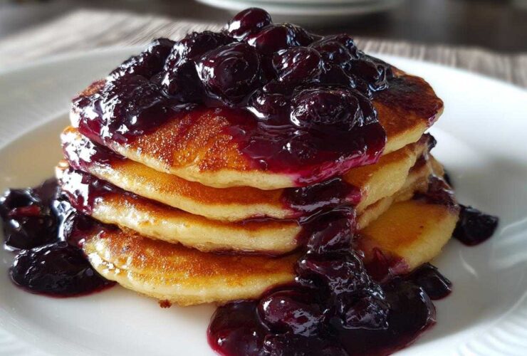A stack of golden pancakes generously topped with rich, dark Homemade Blueberry Syrup and whole berries.