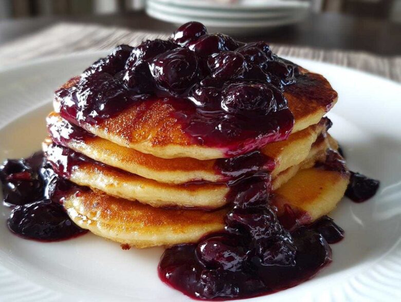 A stack of golden pancakes generously topped with rich, dark Homemade Blueberry Syrup and whole berries.