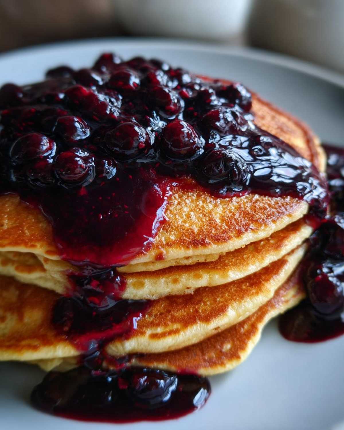 Close-up of fluffy pancakes generously topped with rich, thick Homemade Blueberry Syrup.