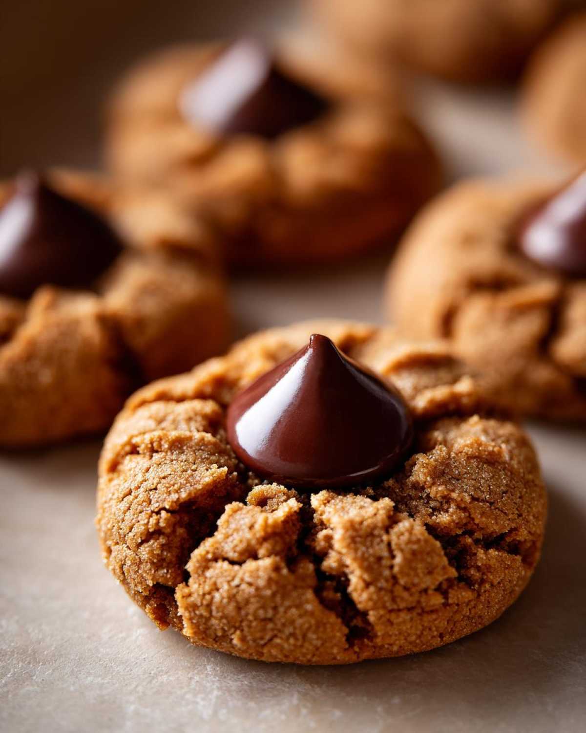 A close-up of a freshly baked Peanut Butter Blossom Cookie with a shiny chocolate kiss pressed into the center.