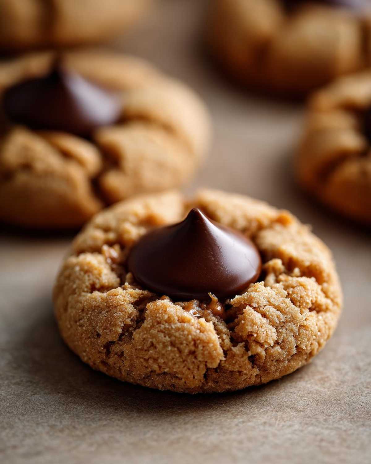A close-up of a freshly baked Peanut Butter Blossom Cookie with a melted chocolate kiss pressed into the center.