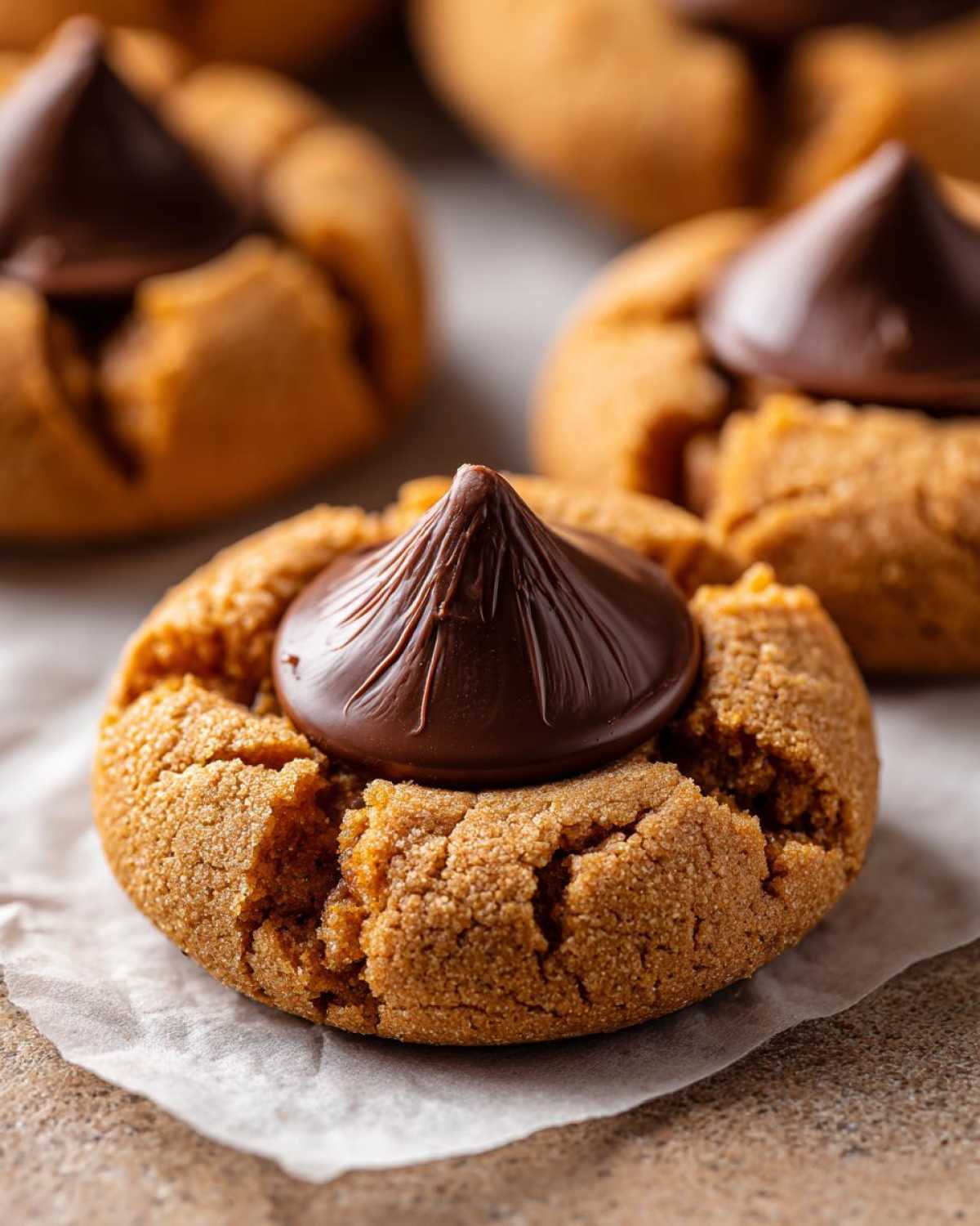 A close-up of a freshly baked Peanut Butter Blossom Cookie topped with a melted chocolate kiss.