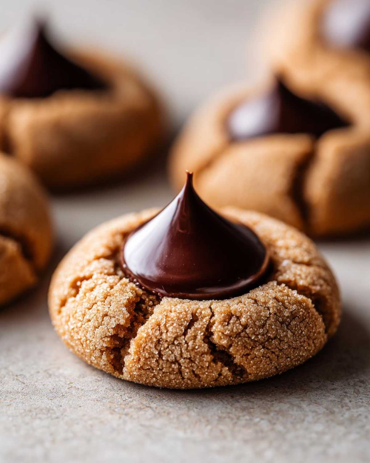 A close-up of a freshly baked Peanut Butter Blossom Cookie, coated in sugar, with a shiny chocolate kiss pressed into the center.