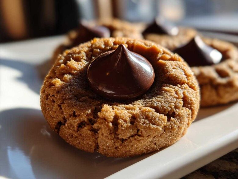 A close-up, sunlit photo of a freshly baked Peanut Butter Blossom Cookie with a shiny chocolate kiss pressed into the center.