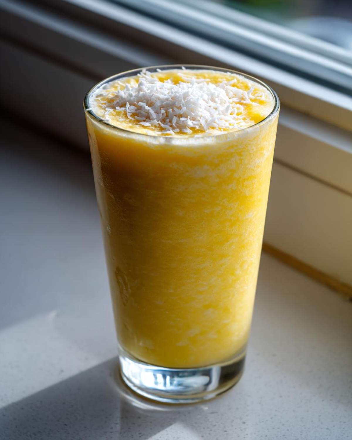 Tall glass filled with a bright yellow Pineapple Coconut Smoothie, topped with shredded coconut.