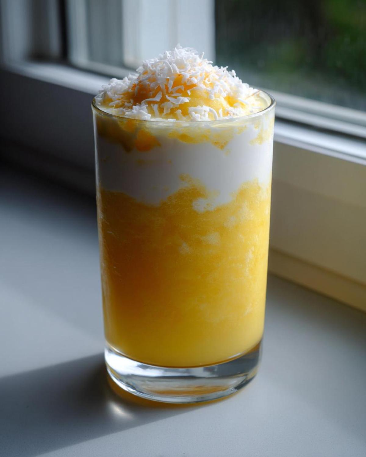 A tall glass of layered Pineapple Coconut Smoothie, topped with shredded coconut.