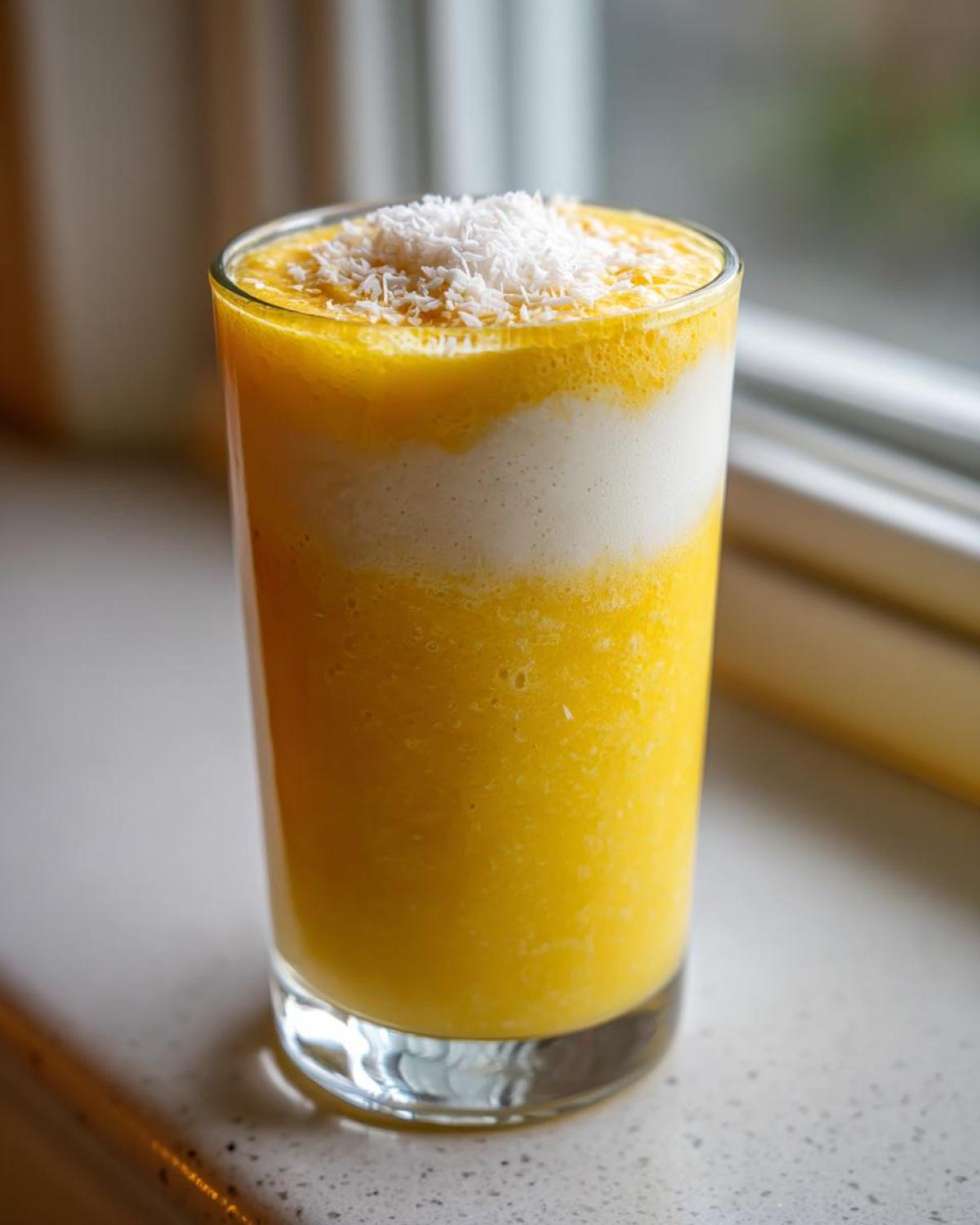 A tall glass of layered Pineapple Coconut Smoothie, topped with shredded coconut.