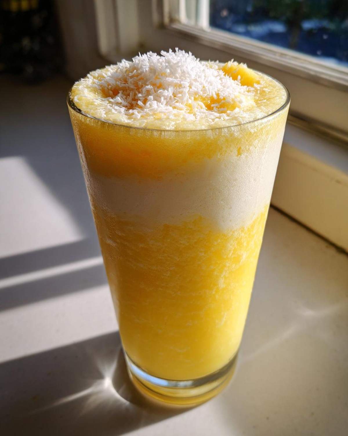 A tall glass of bright yellow Pineapple Coconut Smoothie topped with shredded coconut flakes.