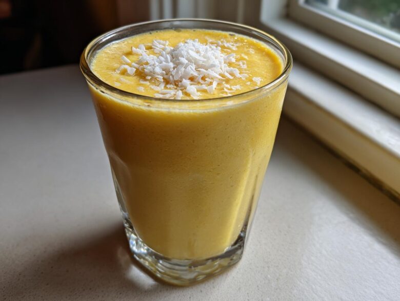 A tall glass filled with a thick, bright yellow Pineapple Coconut Smoothie, topped with shredded coconut.