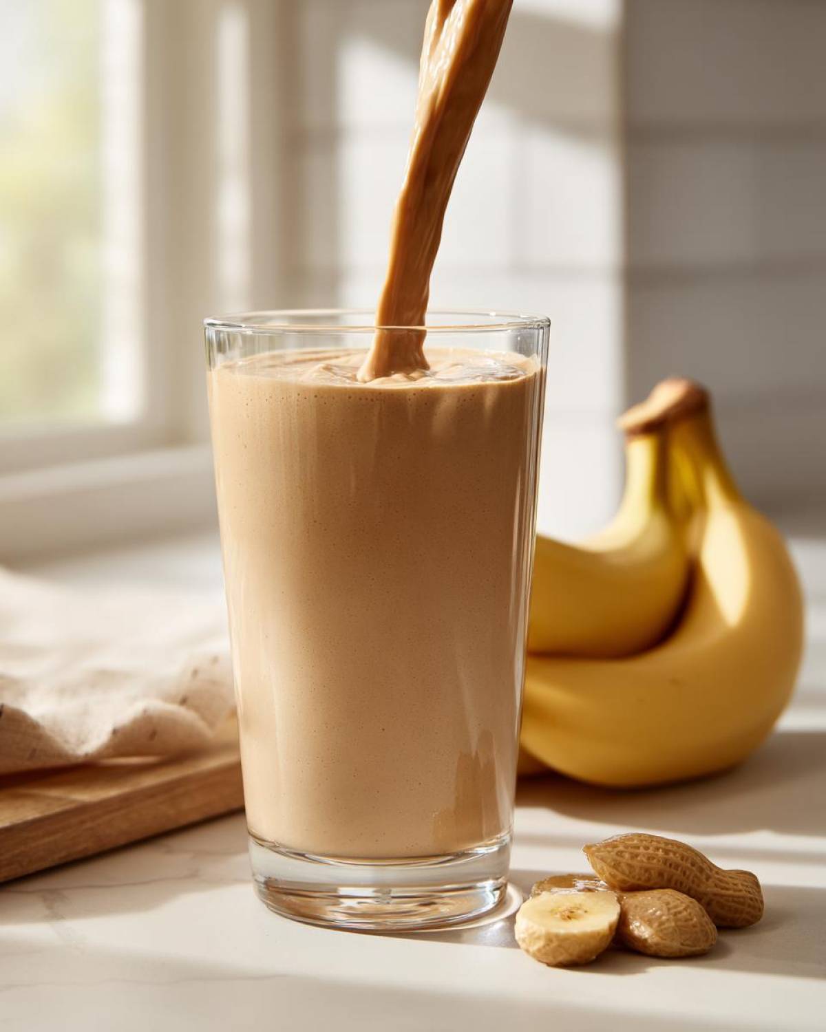 A thick Banana Peanut Butter Smoothie is being poured into a tall glass, with bananas and peanuts nearby.