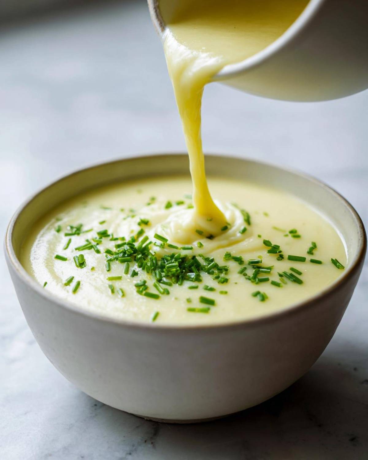 A stream of thick, creamy potato leek soup being poured into a bowl topped with fresh chives.