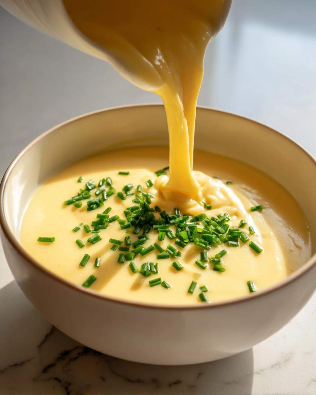 Thick, yellow Creamy Potato Leek Soup being poured into a bowl already garnished with fresh chopped chives.