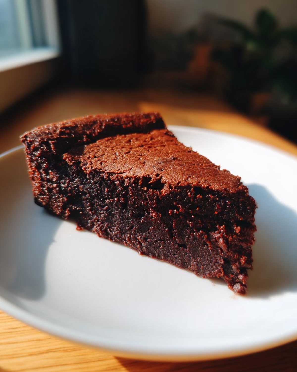 A rich, dark slice of Gluten-Free Chocolate Cake sitting on a white plate, lit by natural sunlight.