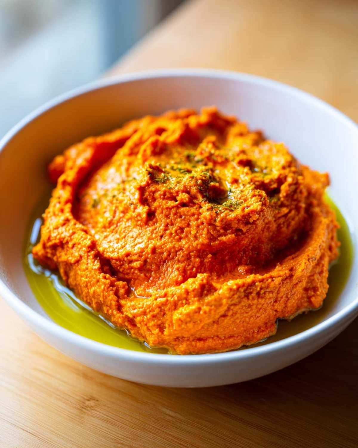 Close-up of bright orange Roasted Red Pepper Hummus swirled in a white bowl, drizzled with olive oil and herbs.