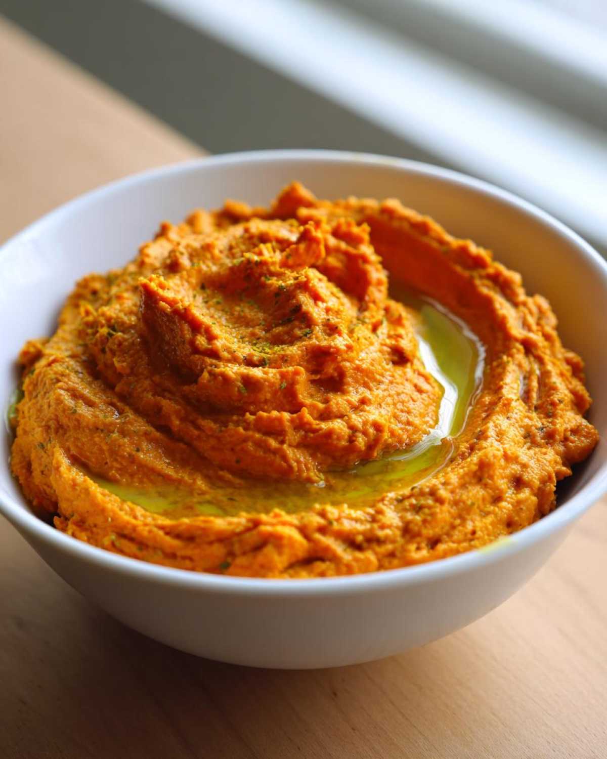 Close-up of vibrant orange Roasted Red Pepper Hummus swirled in a white bowl, topped with olive oil.