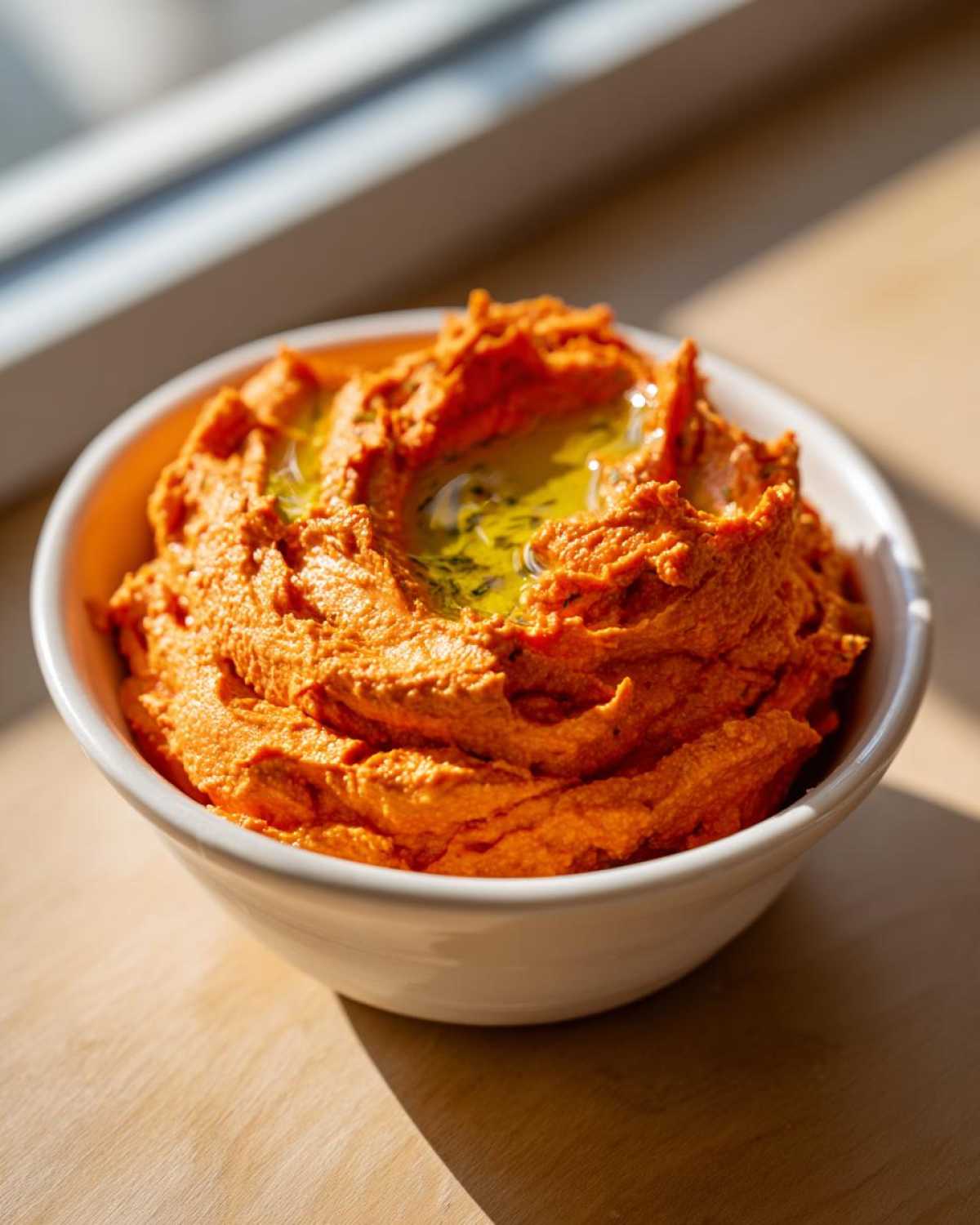 A close-up of vibrant orange Roasted Red Pepper Hummus drizzled with olive oil in a white bowl.