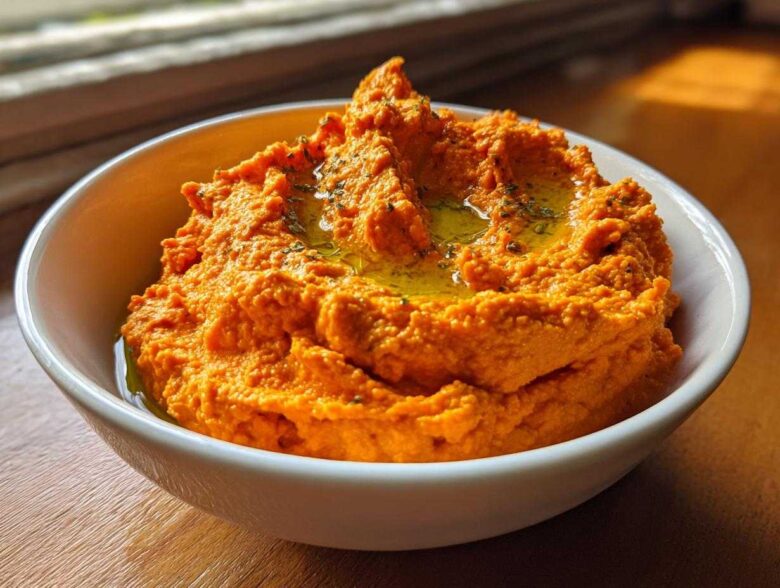 A close-up of vibrant orange Roasted Red Pepper Hummus drizzled with olive oil and herbs in a white bowl.