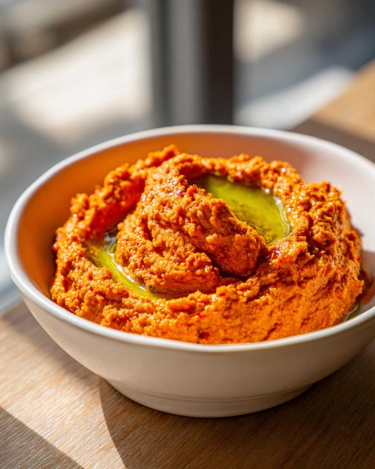 Close-up of vibrant orange Roasted Red Pepper Hummus swirled in a white bowl, drizzled with olive oil.