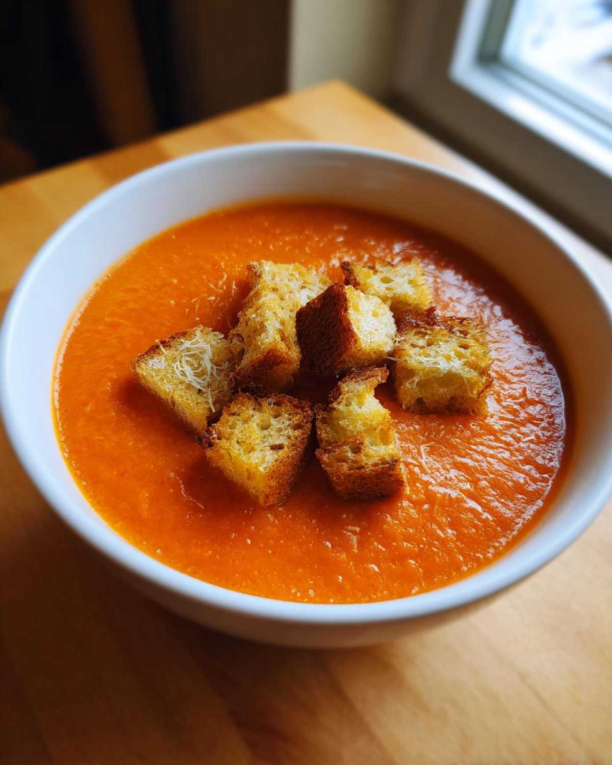 A white bowl filled with vibrant orange Roasted Tomato Basil Soup topped with golden Grilled Cheese Croutons.