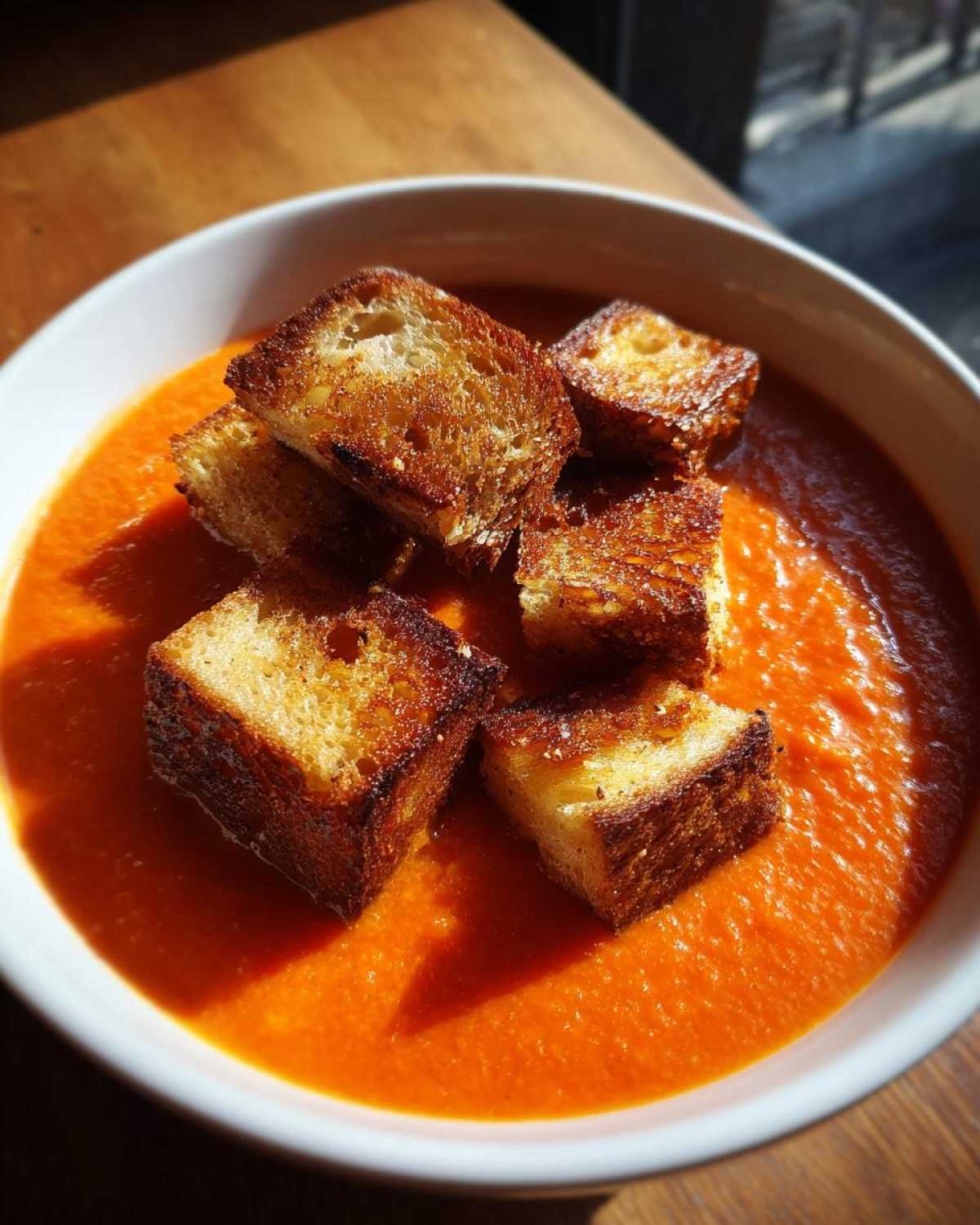 A bowl of vibrant orange Roasted Tomato Basil Soup topped with golden, crispy Grilled Cheese Croutons.