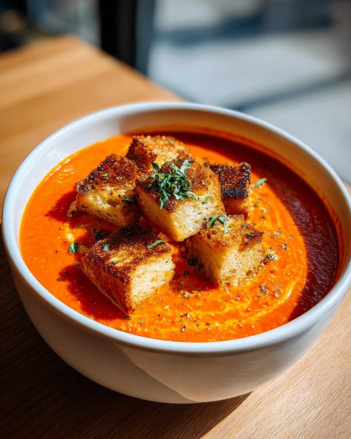 A close-up of vibrant Roasted Tomato Basil Soup topped with golden Grilled Cheese Croutons and fresh herbs.